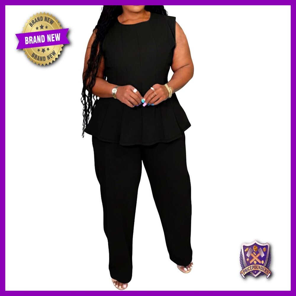 Plus Size Peplum Tank & Wide Leg Pants Set, Summer Office Casual Outfit